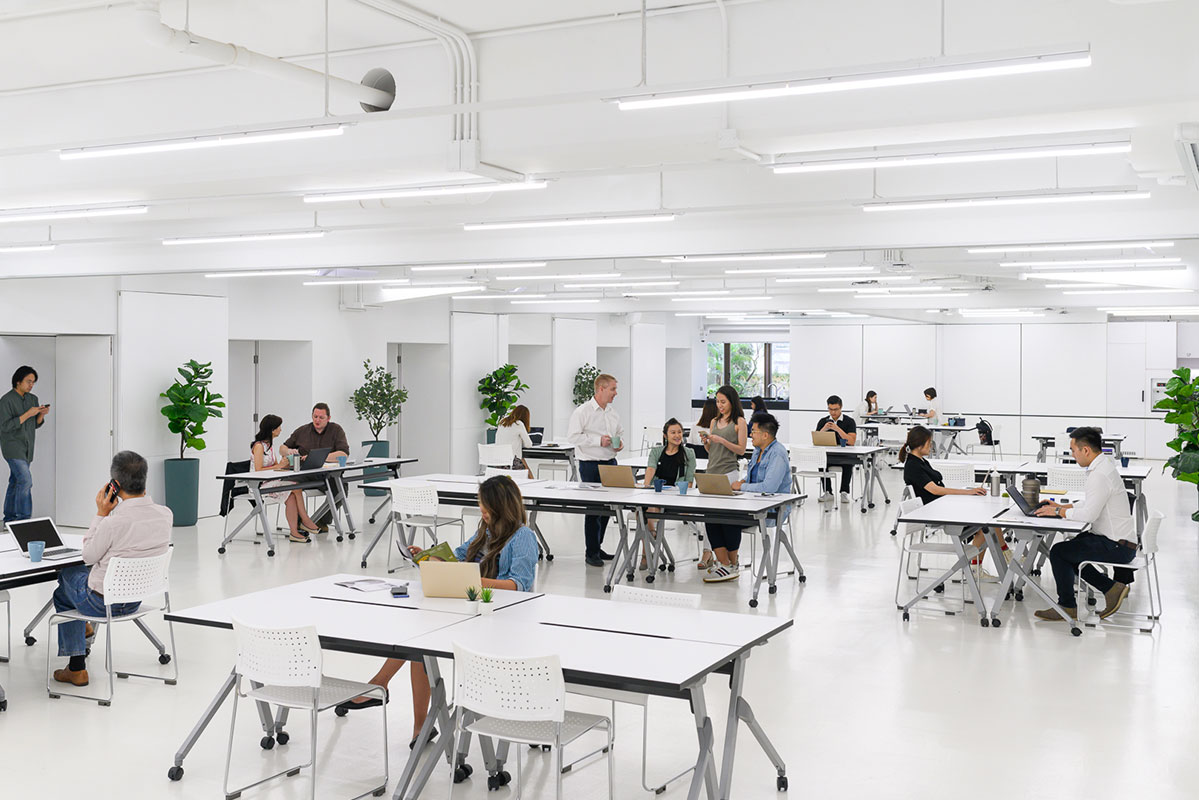 A white, sleek and modern co-working space at The Desk